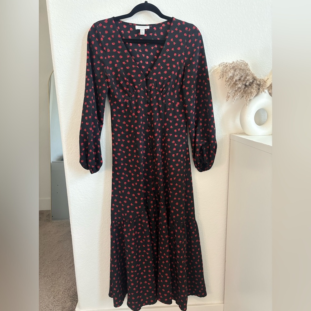 Topshop Black Dress with Red Floral Print